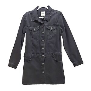 New Zara Black Wash Denim Mini Dress Sz L Button Front Zoe Biker Street Wear